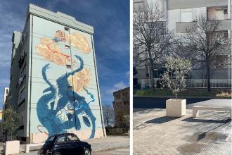 Panchine e fioriere davanti al murale di Hitnes